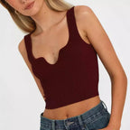 Damen Crop-Top mit Wellen-Ausschnitt und feiner Rippstruktur R&B