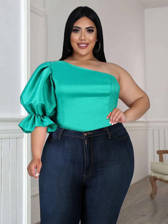 Damen Bluse mit asymmetrischem Ausschnitt und voluminösen Puffärmeln R&B