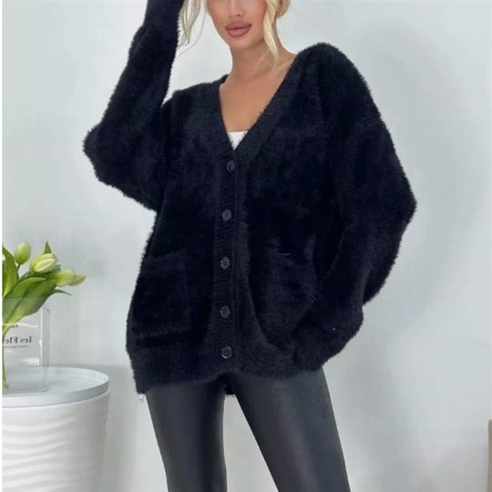 Damen Flauschiger Cardigan mit großen Taschen und lockerer Passform R&B