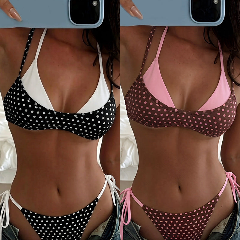 Damen Triangel-Bikini mit verspieltem Punktmuster und verstellbaren Bindebändern R&B