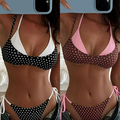 Damen Triangel-Bikini mit verspieltem Punktmuster und verstellbaren Bindebändern R&B