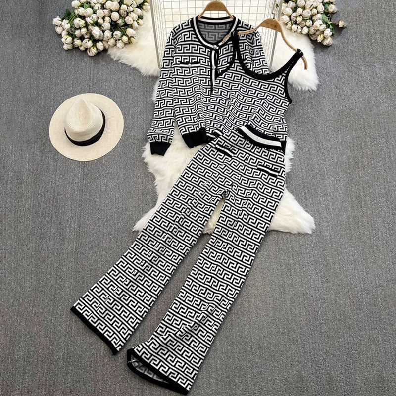 Damen modisches Strick-Loungewear-Set mit geometrischem Muster und Cardigan R&B