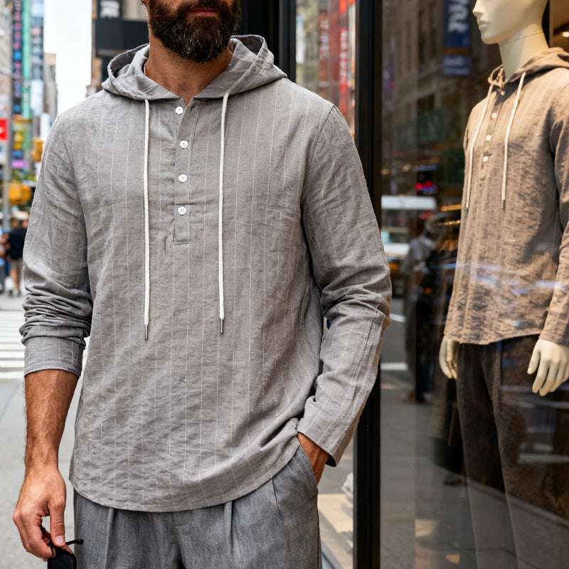 Herren nan Kapuzenshirt aus Leinenmix mit halber Knopfleiste und Nadelstreifen R&B