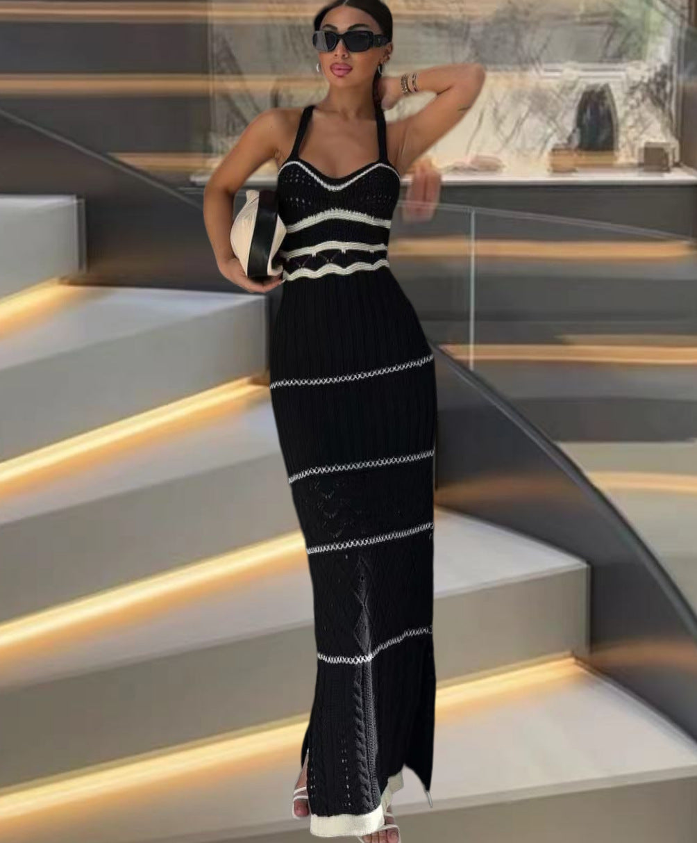 Damen Strick-Maxikleid mit raffinierten Häkelmustern und seitlichem Schlitz R&B