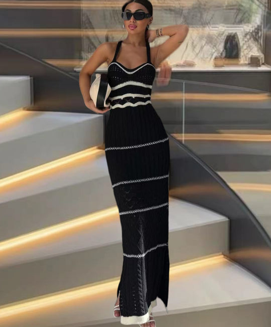 Damen Strick-Maxikleid mit raffinierten Häkelmustern und seitlichem Schlitz R&B