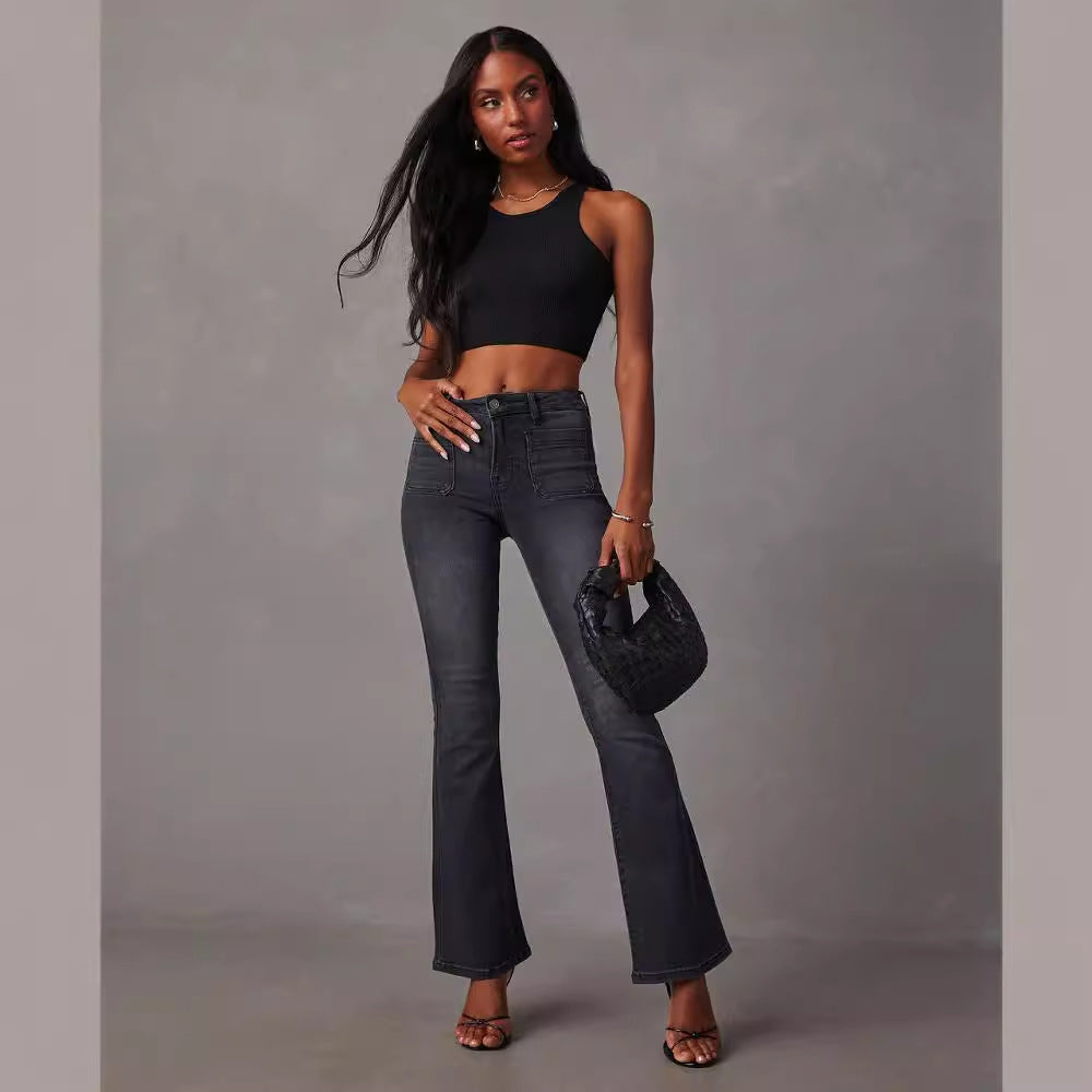 Damen Flared Jeans mit hochgeschnittenem Bund und moderner Waschung R&B