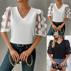 Damen V-Ausschnitt Bluse mit transparenten Puffärmeln