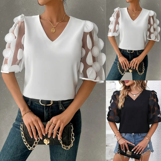 Damen V-Ausschnitt Bluse mit transparenten Puffärmeln R&B