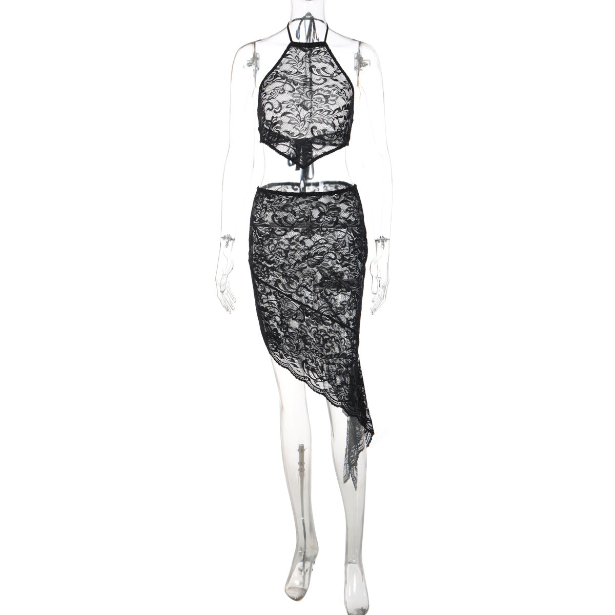 Damen Spitzenkleid mit asymmetrischem Saum und Halterdesign R&B
