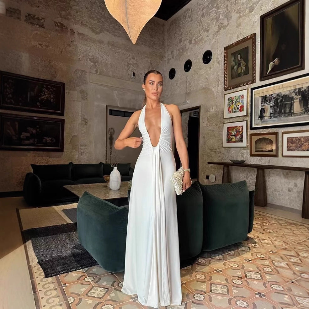 Elegantes Damen Maxikleid mit Tiefem V-Ausschnitt & Rüschendesign für Abend & Events | R&B
