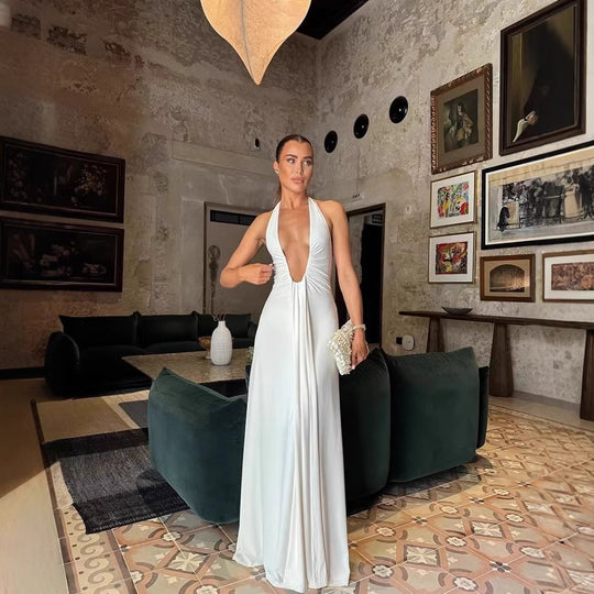 Elegantes Damen Maxikleid mit Tiefem V-Ausschnitt & Rüschendesign für Abend & Events | R&B