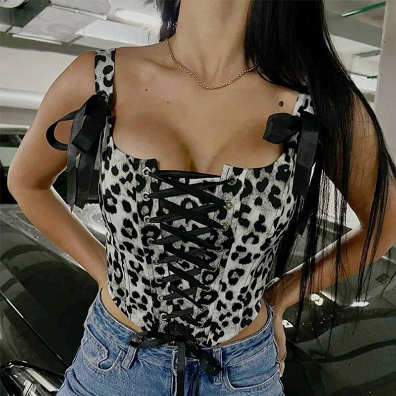 Damen Tiermuster Crop-Top mit Schnürung R&B