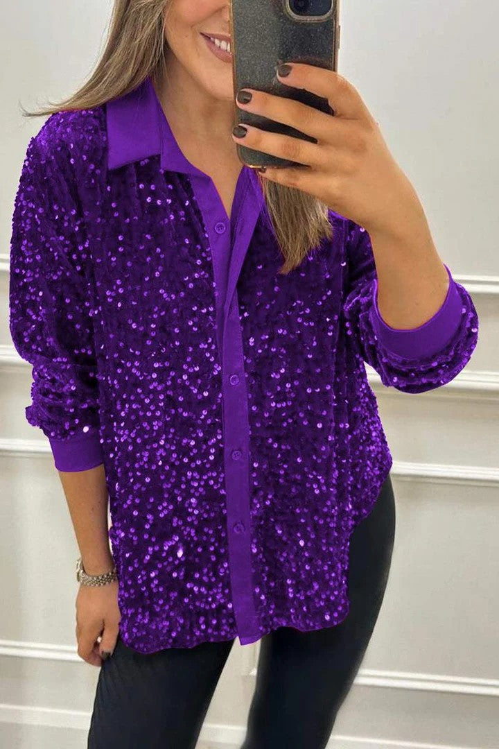 Damen Glitzernde Bluse aus Pailletten mit klassischem Kragen R&B
