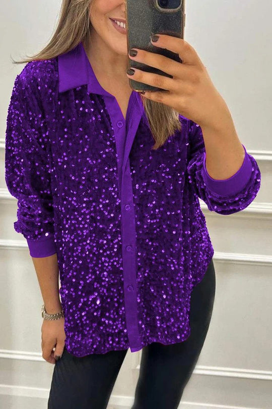 Damen Glitzernde Bluse aus Pailletten mit klassischem Kragen R&B
