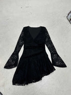 Damen Wickelkleid mit Spitzenärmel und voluminösem Rock R&B