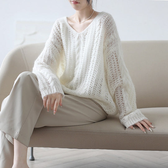 Damen Grobstrickpullover mit V-Ausschnitt und luftiger Struktur R&B