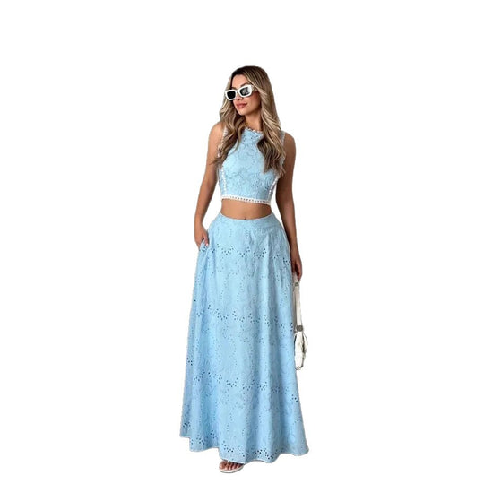 Damen Maxikleid mit filigranem Lochstickmuster und modischem Crop-Oberteil R&B