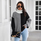 Damen Grobstrickpullover mit hohem Kragen und modernem Farbblock-Design R&B