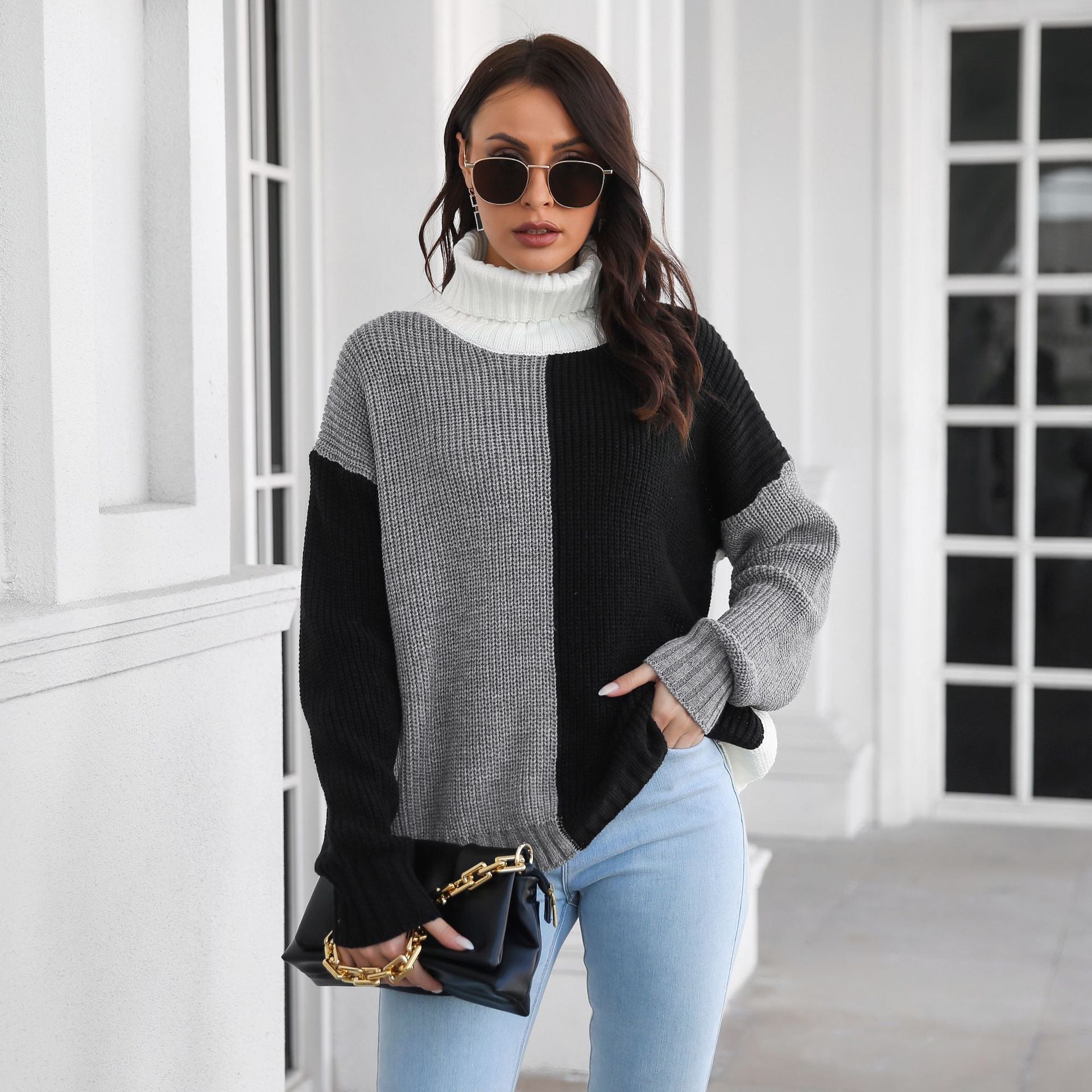 Damen Grobstrickpullover mit hohem Kragen und modernem Farbblock-Design R&B
