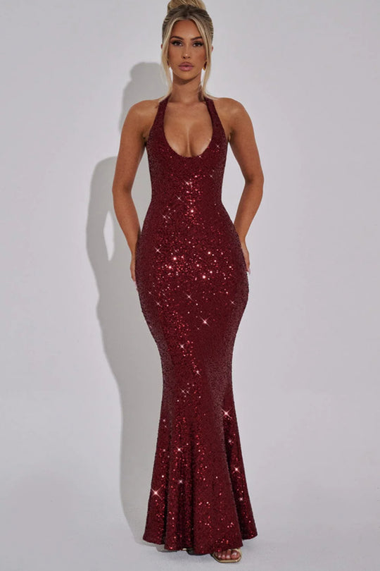 Damen Glamouröses Pailletten-Maxi-Kleid mit tiefem V-Ausschnitt und schmalem Schnitt R&B