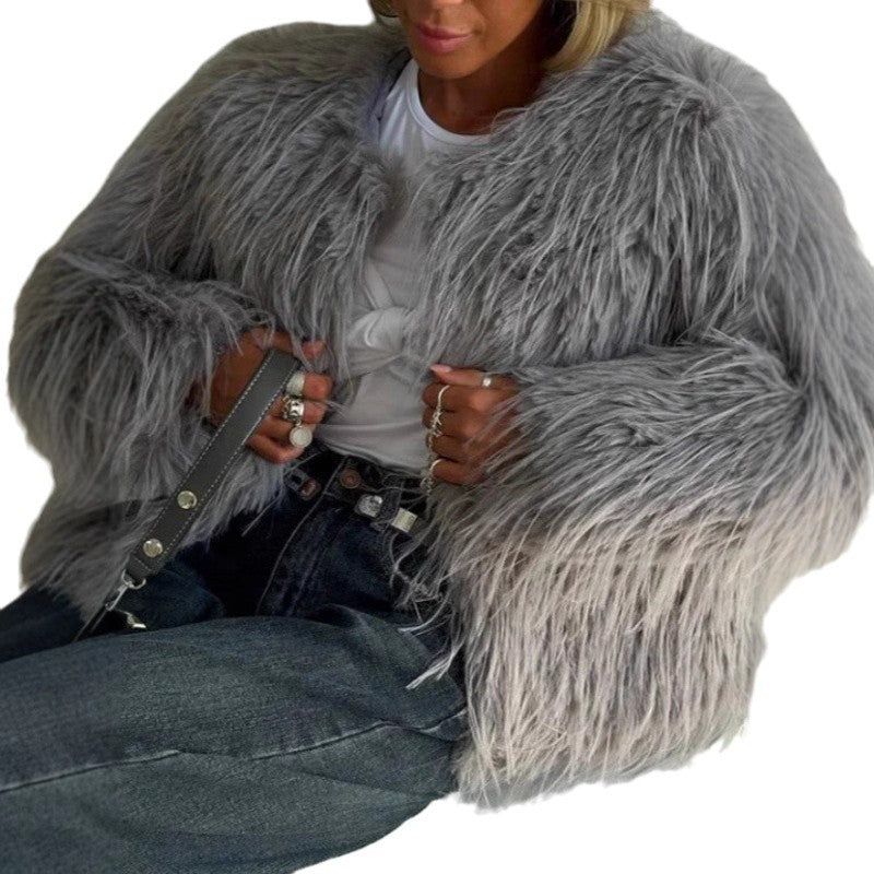 Damen Modische Kunstpelzjacke mit voluminösen Ärmeln R&B