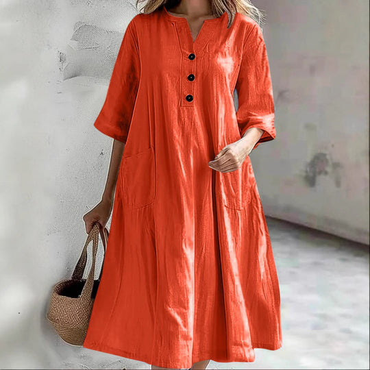 Damen lässiges Leinenkleid mit praktischen Taschen und Knopfdetails R&B