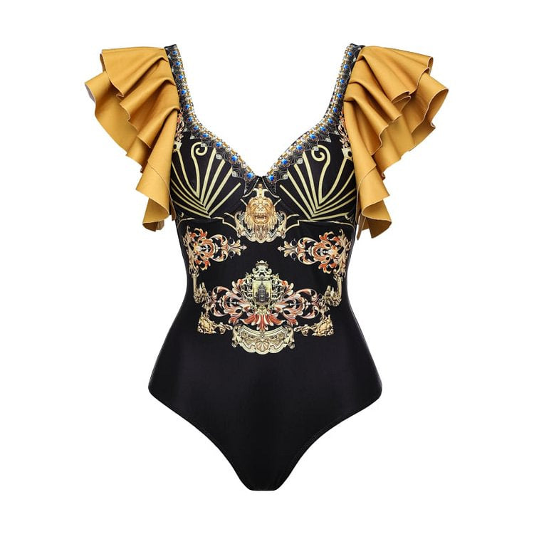 Damen Einteiler Badeanzug mit elegantem Design und passendem Wickeltuch R&B