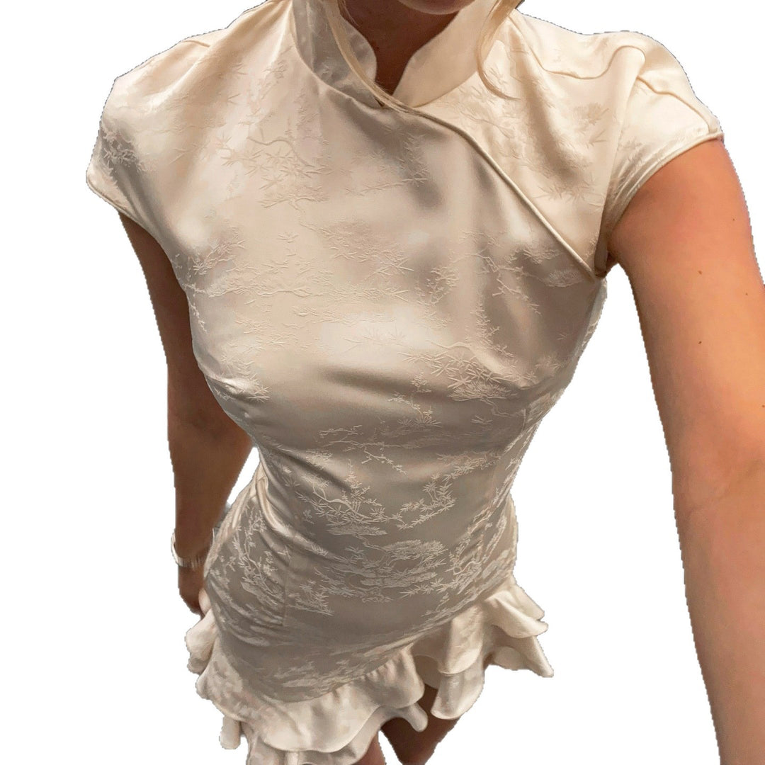 Damen elegantes Wickelkleid mit romantischem Rüschensaum und hohem Kragen R&B