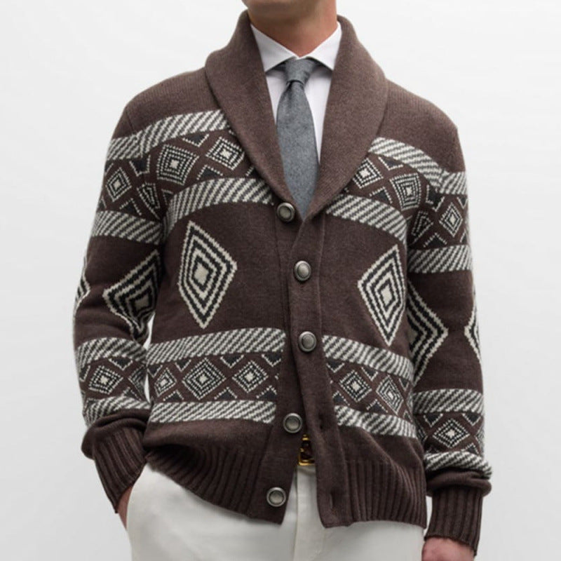 Herren Strickjacke mit modernem grafischen Muster und klassischem Kragen R&B