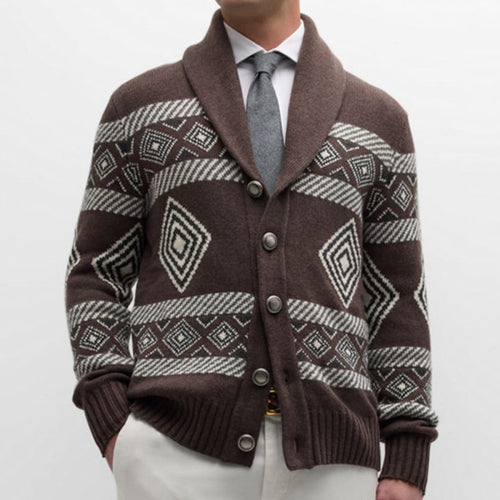 Herren Strickjacke mit modernem grafischen Muster und klassischem Kragen R&B