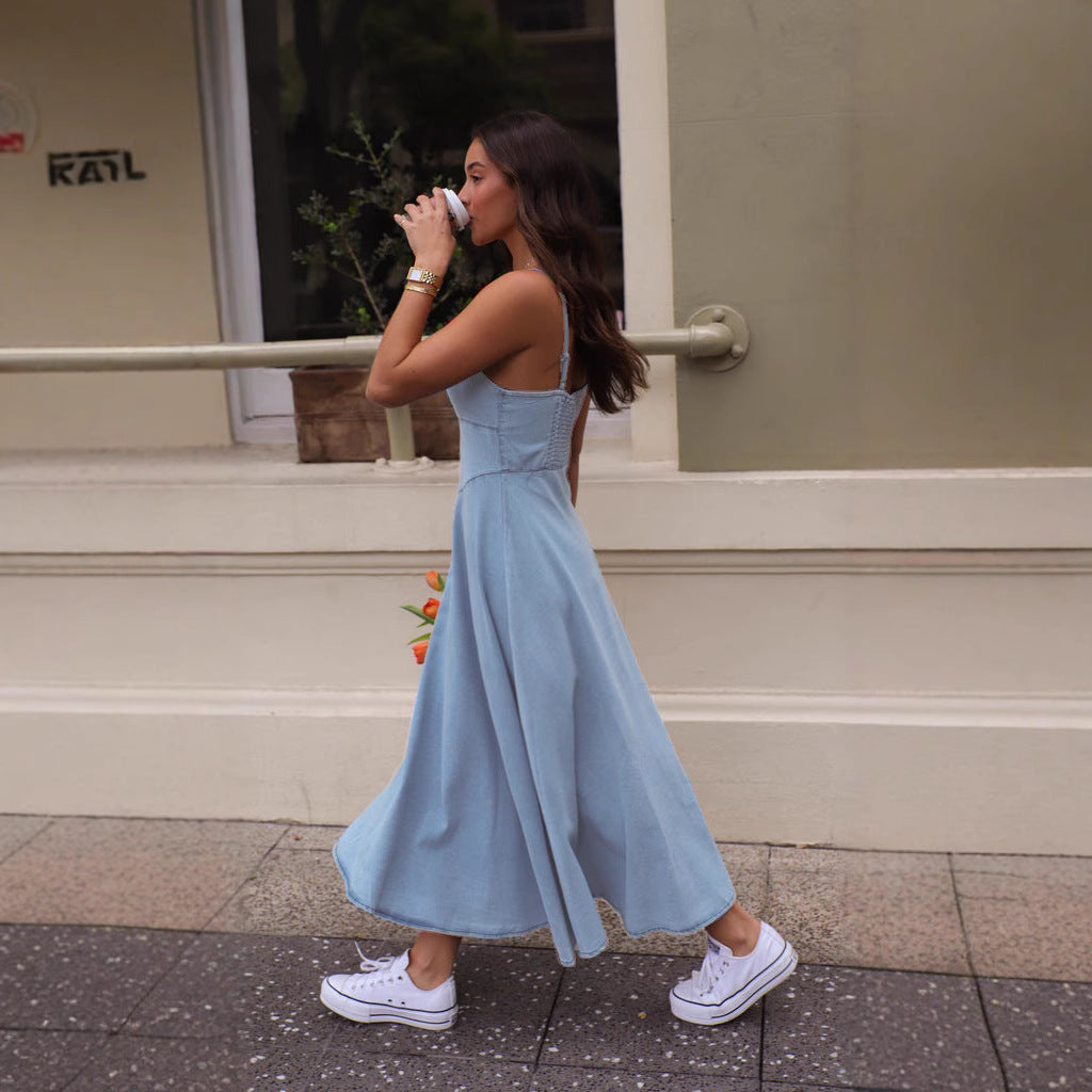 Damen Midi-Kleid mit trägerlosem Design und fließendem Schnitt R&B