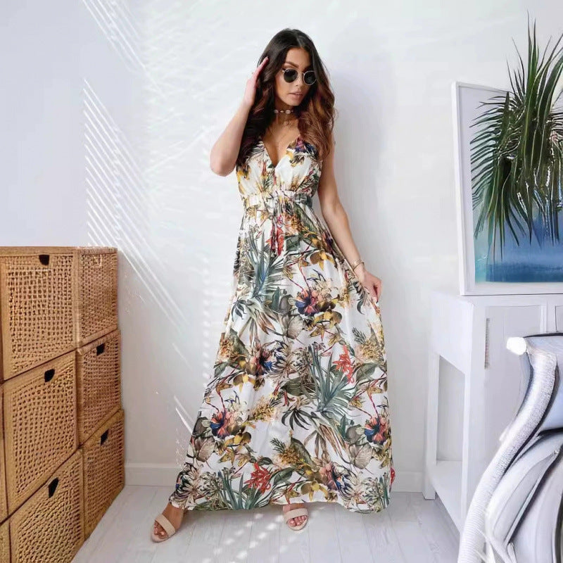 Damen Maxikleid mit floralen Mustern und tailliertem Oberteil R&B