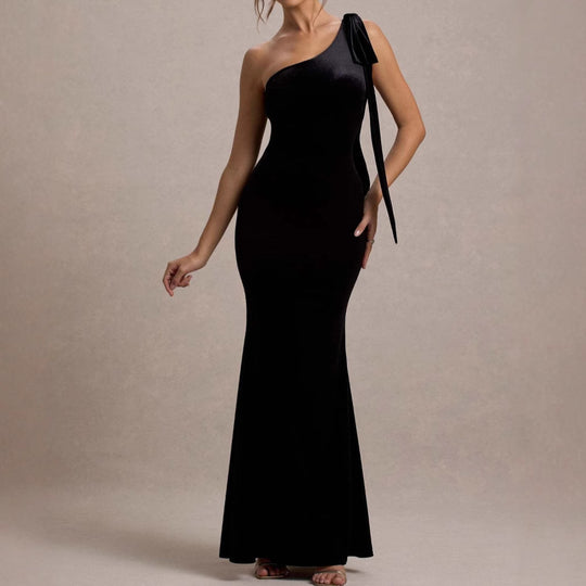 Damen figurbetontes Abendkleid mit asymmetrischem Träger und schickem Saum R&B