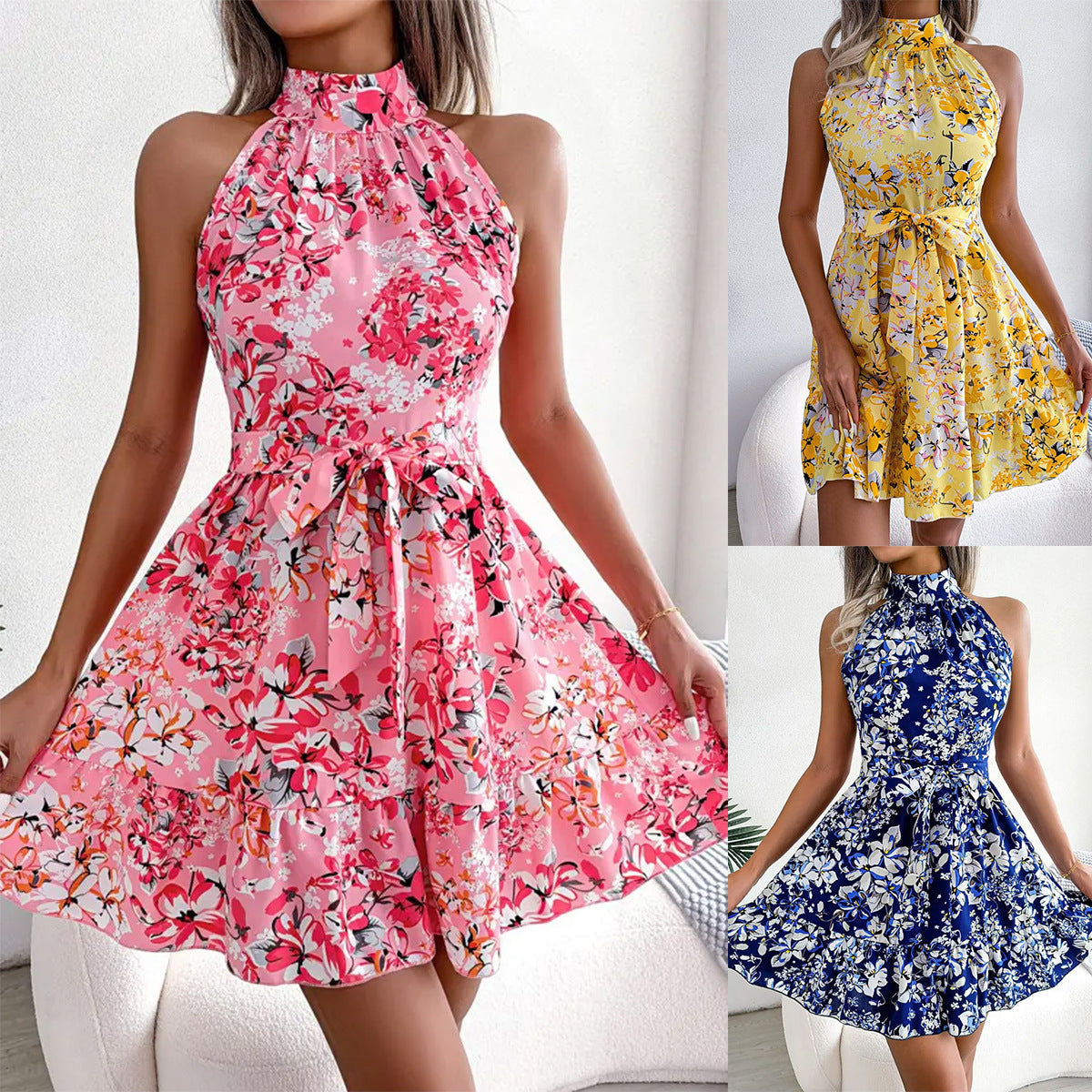 Damen Sommerkleid mit elegantem Stehkragen und verspieltem Blumenmuster R&B