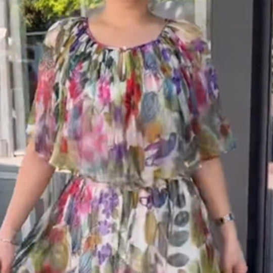 Damen Maxikleid mit transparentem Blütenmuster und elastischer Taille Heidi-Mode