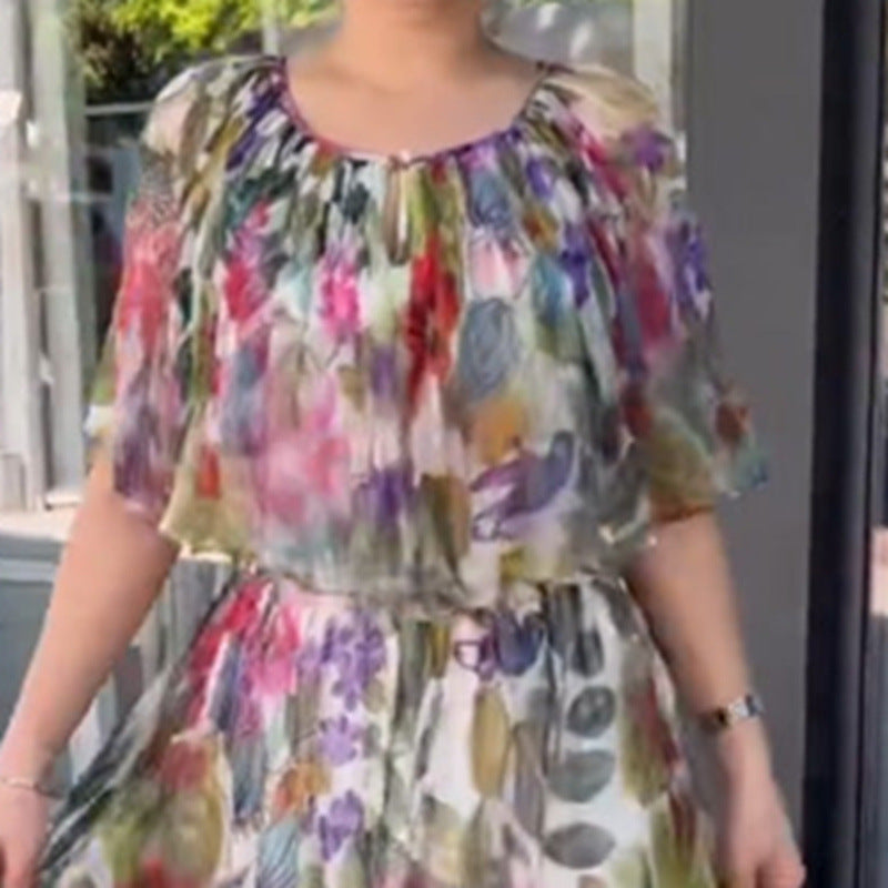 Damen nan luftiges Chiffon-Maxikleid mit floralem Print, gerafftem Rundhalsausschnitt und elastischem Taillenband R&B