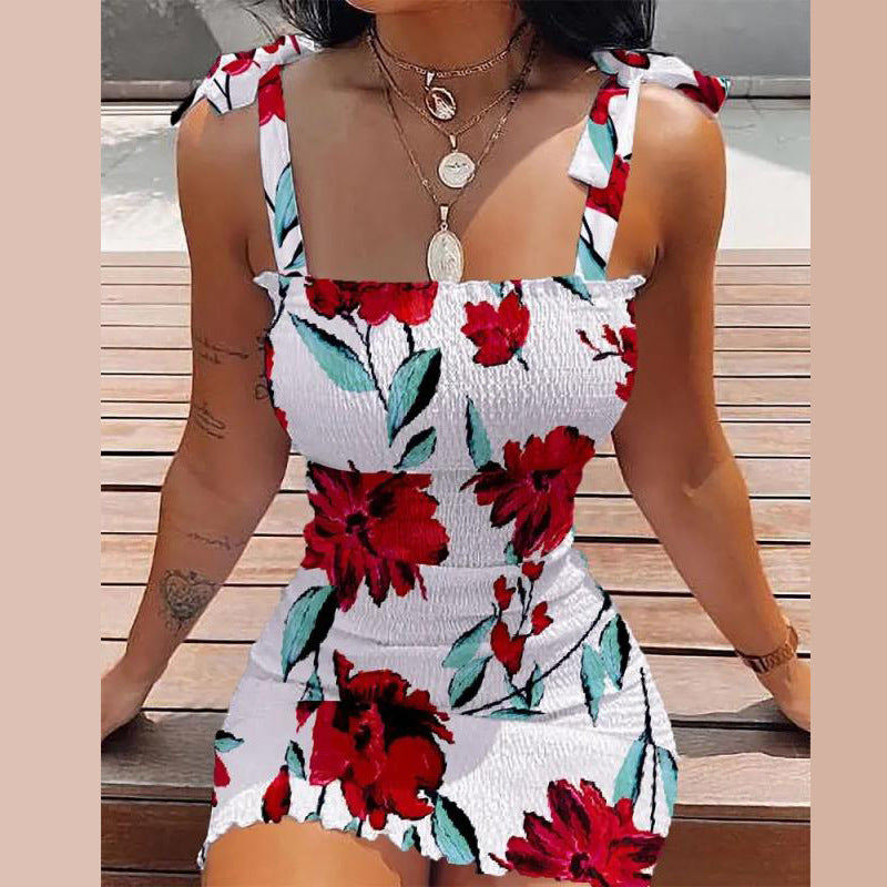 Damen Kurzkleid mit Blumenmuster und Spitzenträgern R&B