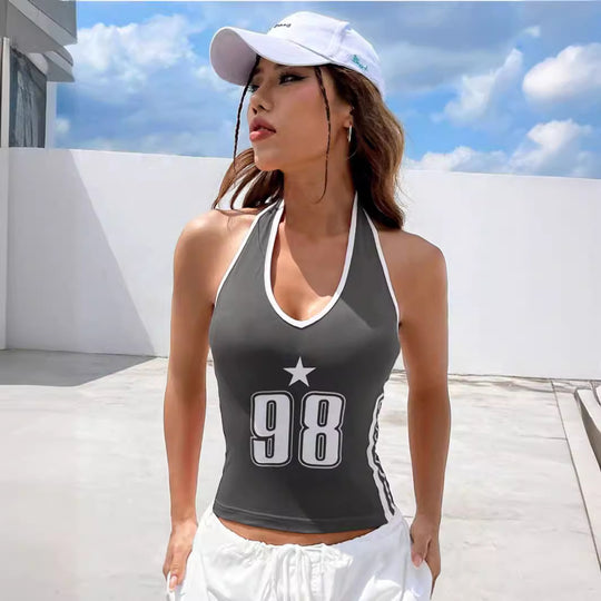 Damen Sportliches Tanktop mit V-Ausschnitt und auffälligem Print R&B