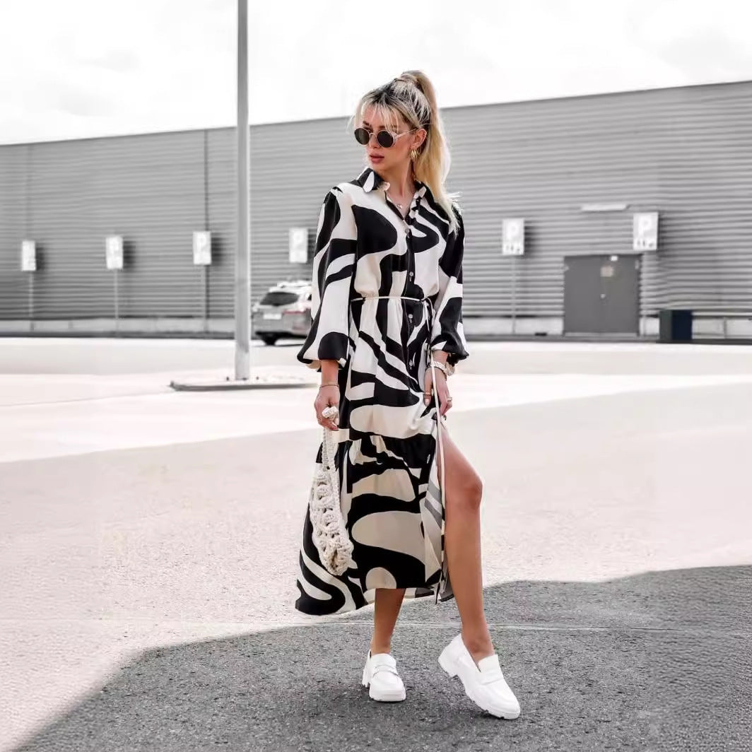 Damen Langarm Hemdblusenkleid mit modischem Muster und Taillengürtel R&B