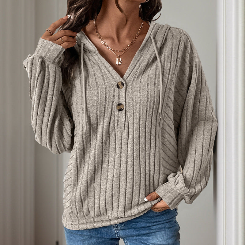 Damen Strickpullover mit Kapuze und Knopfdetail R&B