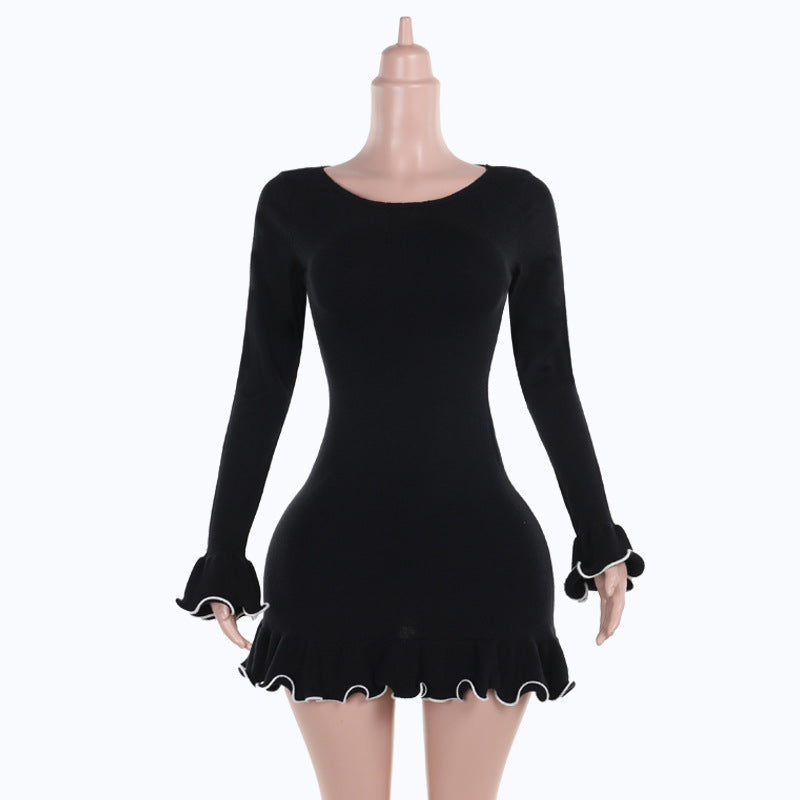 Damen figurbetontes Mini-Kleid mit kreativen Rüschen und langen Ärmeln R&B