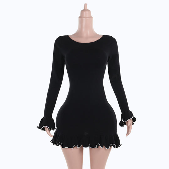 Damen figurbetontes Mini-Kleid mit kreativen Rüschen und langen Ärmeln R&B