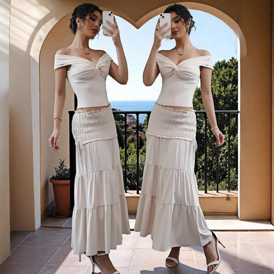 Damen Off-Shoulder Maxikleid mit gerafftem Rock und romantischem Design R&B
