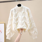 Damen kuscheliger Strickpullover mit voluminösen Ärmeln und Zopfmuster R&B
