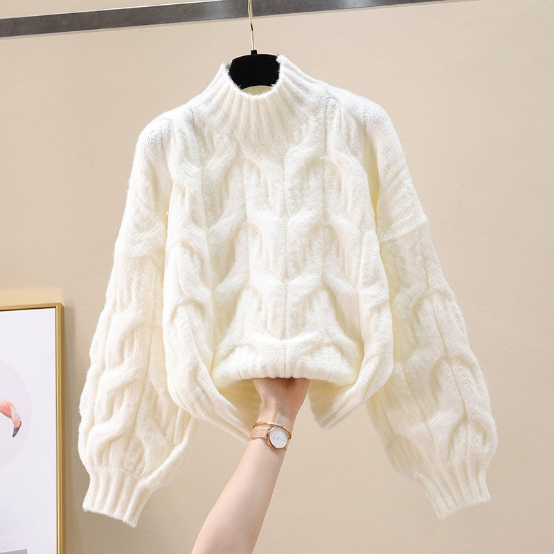 Damen kuscheliger Strickpullover mit voluminösen Ärmeln und Zopfmuster R&B