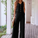 Damen Jumpsuit mit Knopf und weitem Bein R&B