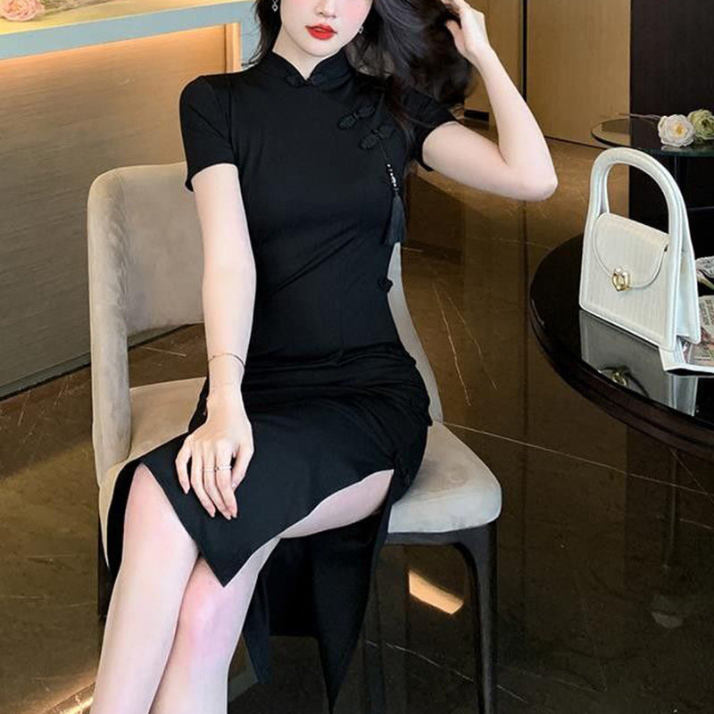 Damen elegantes Bodycon-Kleid mit hohem Schlitz und kurzen Ärmeln
