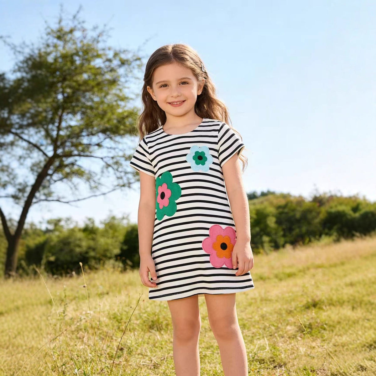 Mädchen T-Shirt Kleid mit bunten Blumenapplikationen R&B