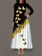Damen Maxikleid mit elegantem Schmetterlingsdesign und goldenen Akzenten R&B