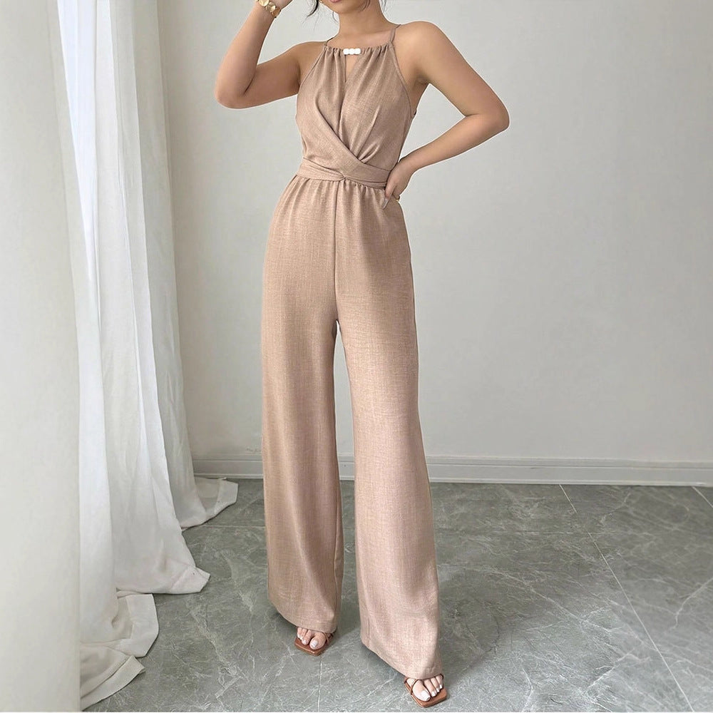 Damen bodenlanger Jumpsuit mit raffiniertem Wickeldesign und eleganter Bundnaht EB